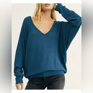 We The Free Teal Slouchy Santa Clara Deep V Neck Thermal Top
